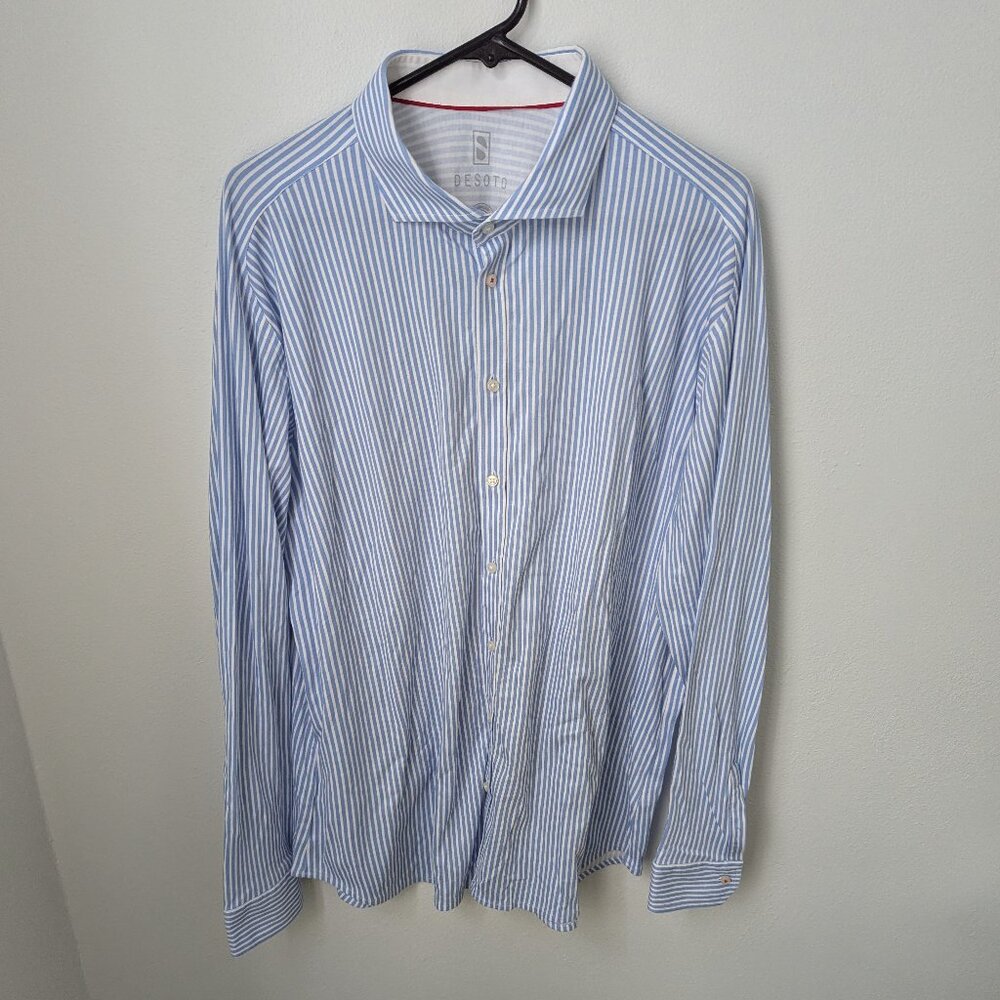 Desoto Luxury Men's 100% Cotton Blue Striped Long Sleeve Button Shirt, XXL